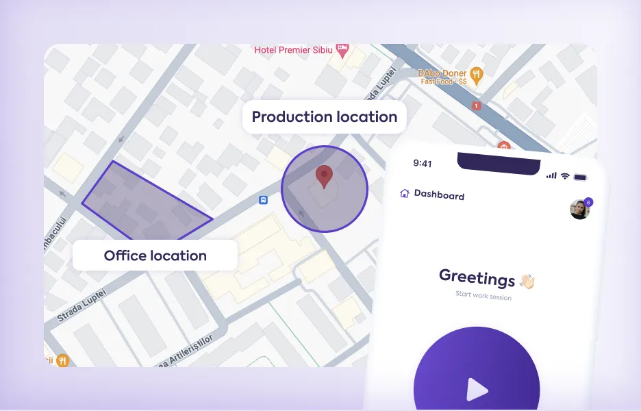 Image showing geolocation-based time tracking and the setup of clock-in zones in Papervee.