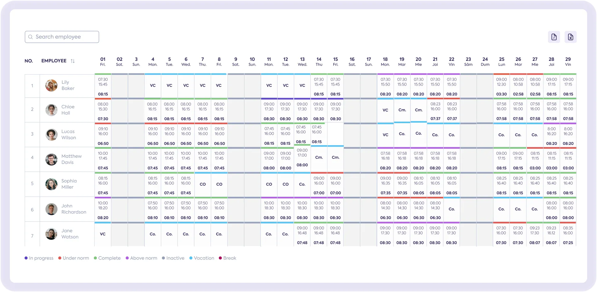 Representative image of the attendance register template for daily and monthly time tracking in Papervee.