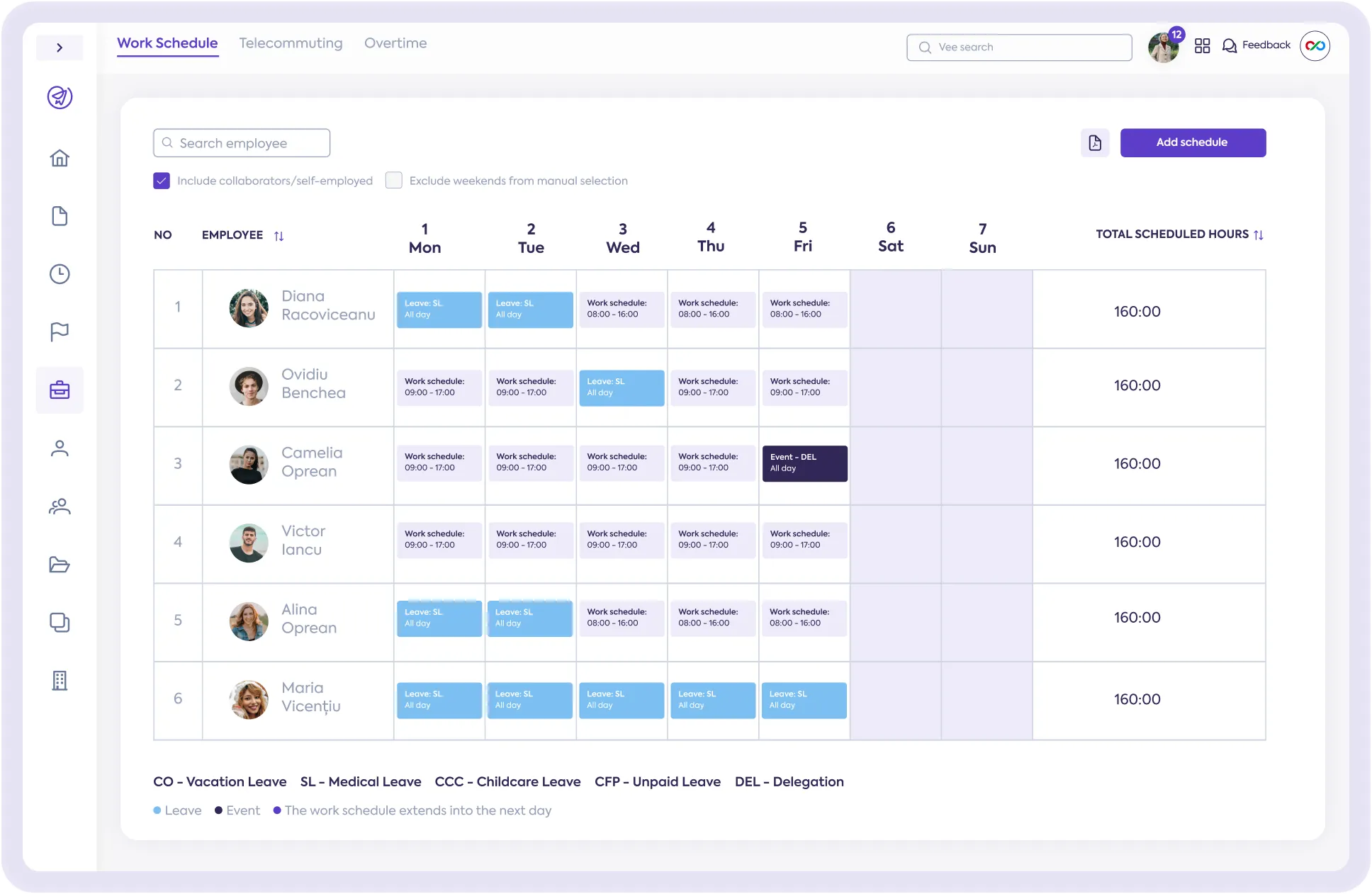 The work schedule module in Papervee HR - showcase image